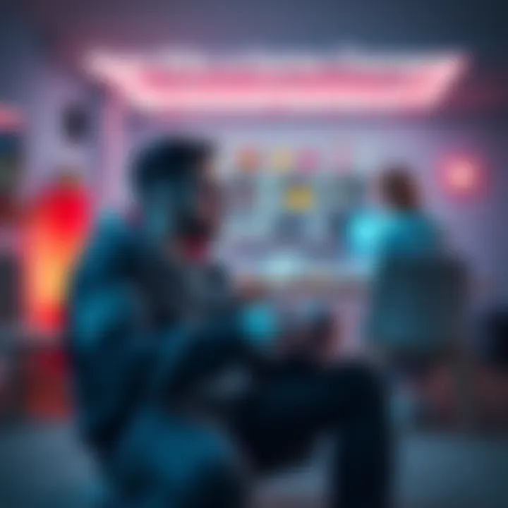 A casual gamer using a cryo kit while balancing work and family responsibilities, focused on the game with a friendly atmosphere around them.