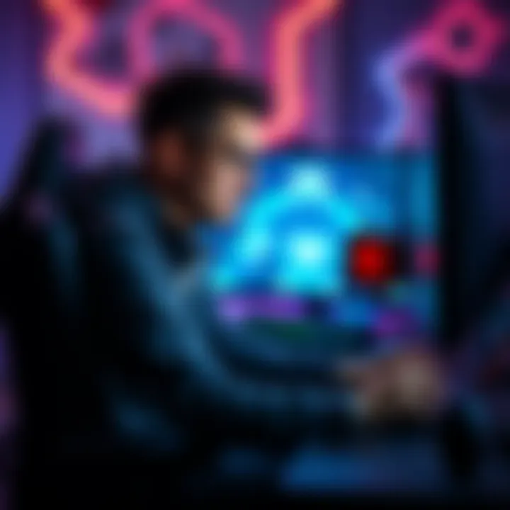 Casual Gamer Dad with Prismatic Hunter Setup A casual dad gamer sits in front of a gaming setup showcasing his prismatic hunter character, focused on the screen with equipment details in view.