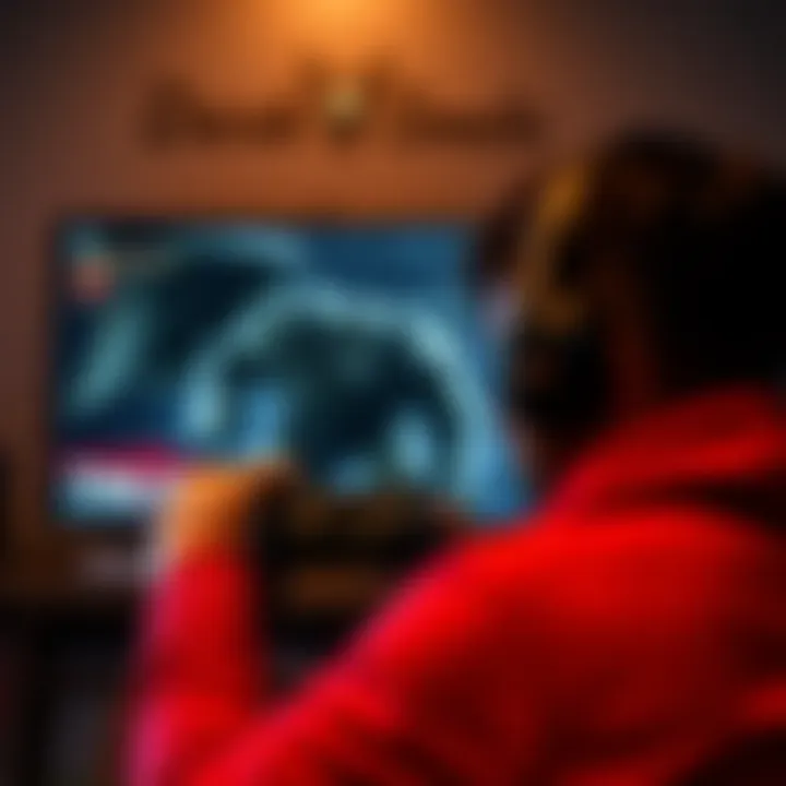 A casual gamer focused on a TV screen, playing Dark Souls, showing determination while facing a difficult boss fight.