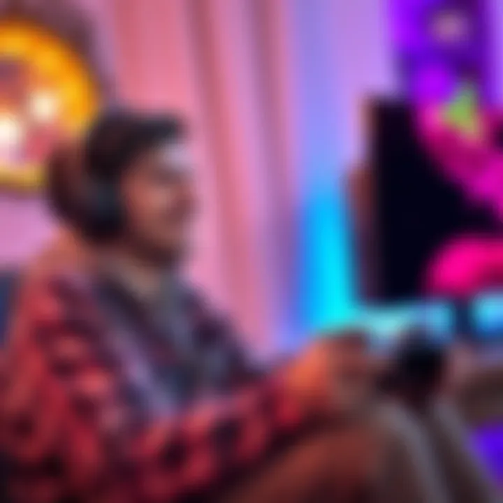 A player smiling and playing video games in a cozy setting, representing fun gaming.