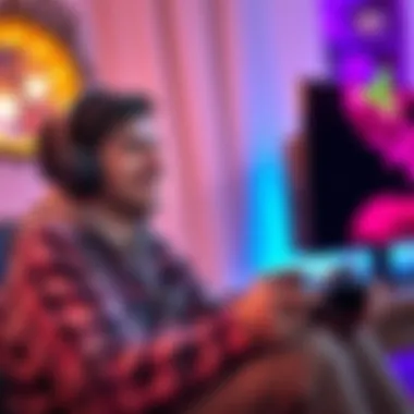 Casual gamer enjoying a video game A player smiling and playing video games in a cozy setting, representing fun gaming.