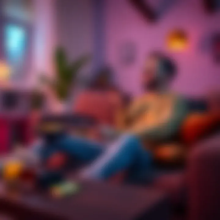 Casual gamer enjoying a non-competitive game A relaxed player sits on a couch, playing a fun game on a console with a smile, surrounded by snacks and a cozy atmosphere