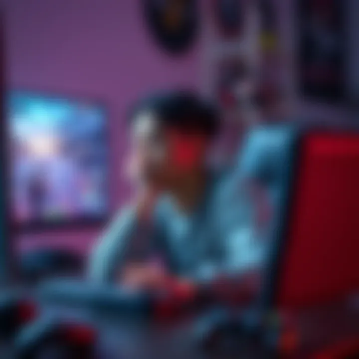 A casual gamer sits in front of a computer, looking stressed while watching tutorials. The screen displays gameplay footage, and gaming gear is scattered around.