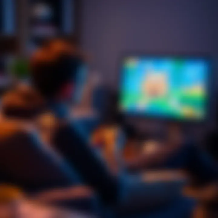 A casual gamer sitting comfortably with a controller, focused on a colorful indie game on a PC screen