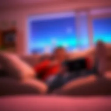 A person relaxing on a couch, playing a Nintendo Switch while enjoying a casual gaming experience