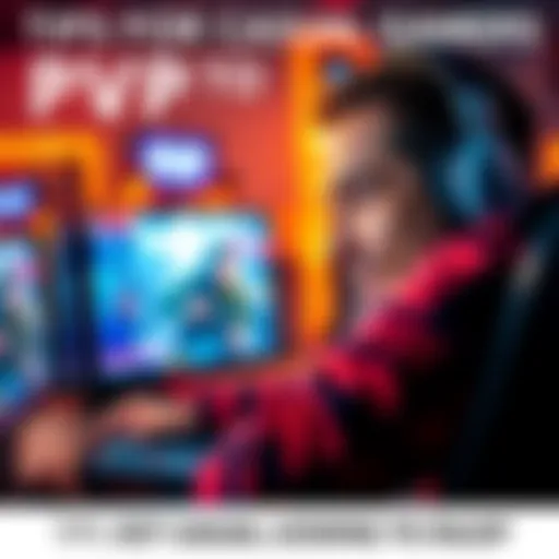 A casual gamer focused on a video game, experiencing PvP action on screen, with a joyful expression