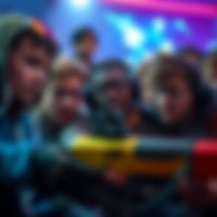 A group of casual gamers focusing on a shooter game, showing expressions of frustration and concentration as they face endgame challenges.