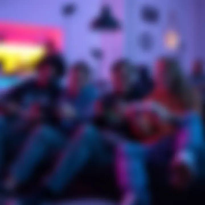 Casual gamers enjoying a friendly match A group of casual gamers sitting together, smiling and playing video games on a couch, showing the fun atmosphere of gaming without competition