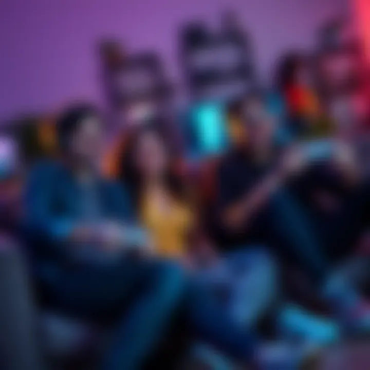 Casual gamers enjoying a multiplayer session A group of friends playing a multiplayer game together on a couch, smiling and having a good time