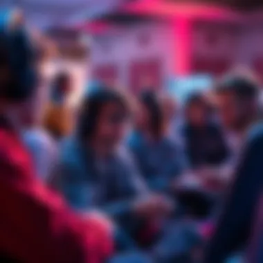 A group of casual gamers discussing strategy in a friendly setting, with competitive players in the background. They appear anxious but engaged, highlighting the divide in gaming culture.
