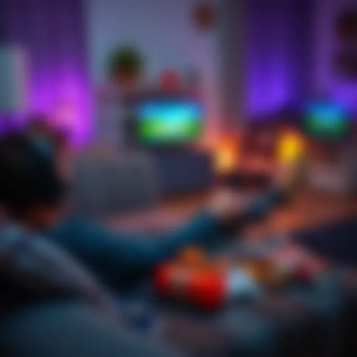 Casual gaming at home A person relaxing on a couch, playing a simple video game on a console while wearing headphones and listening to a podcast, surrounded by snacks and a comfy atmosphere.
