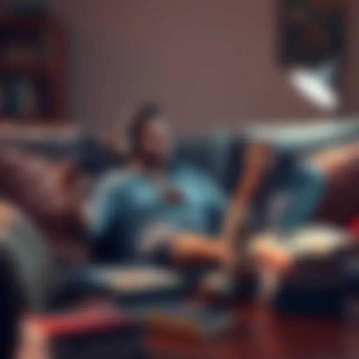 A person relaxing on a couch with a game controller in one hand and headphones on, listening to an audiobook, surrounded by game boxes and books, showing a cozy atmosphere.