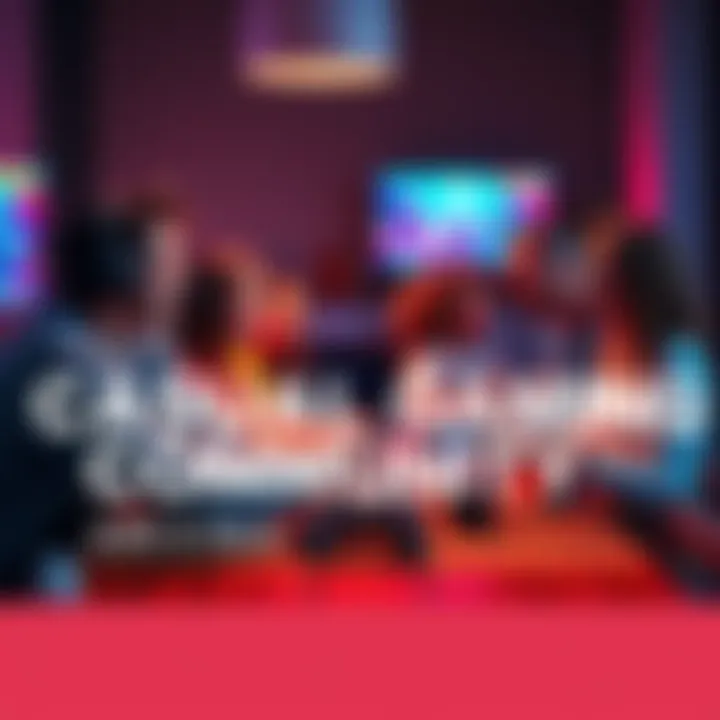 A group of friends playing video games together, laughing and enjoying their time. They are seated around a table with game controllers and screens displaying various games.