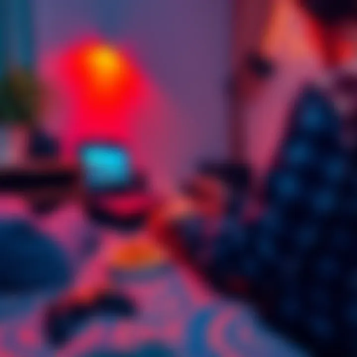 A cozy gaming setup featuring a person playing casual games on a laptop with snacks nearby, creating a relaxed atmosphere.