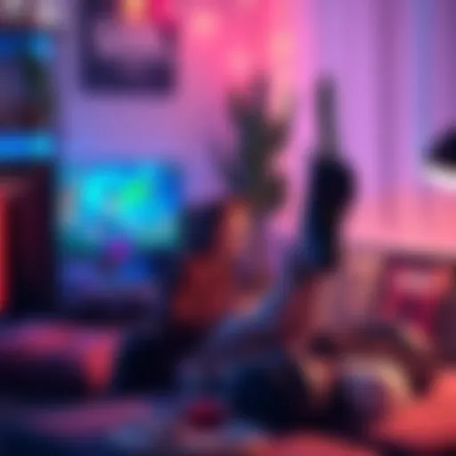 A relaxed gamer enjoying a colorful video game on a computer, surrounded by a cozy atmosphere with snacks and drinks.