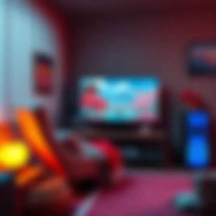 A relaxing gaming setup with a cozy chair, soft lighting, and a screen displaying a beautiful game inspired by Japanese culture.
