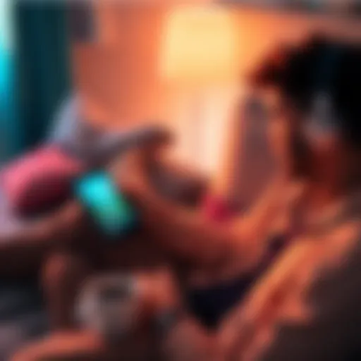 A person plays a casual game on a tablet while listening to a podcast with headphones on, surrounded by comfortable pillows and a mug of coffee.