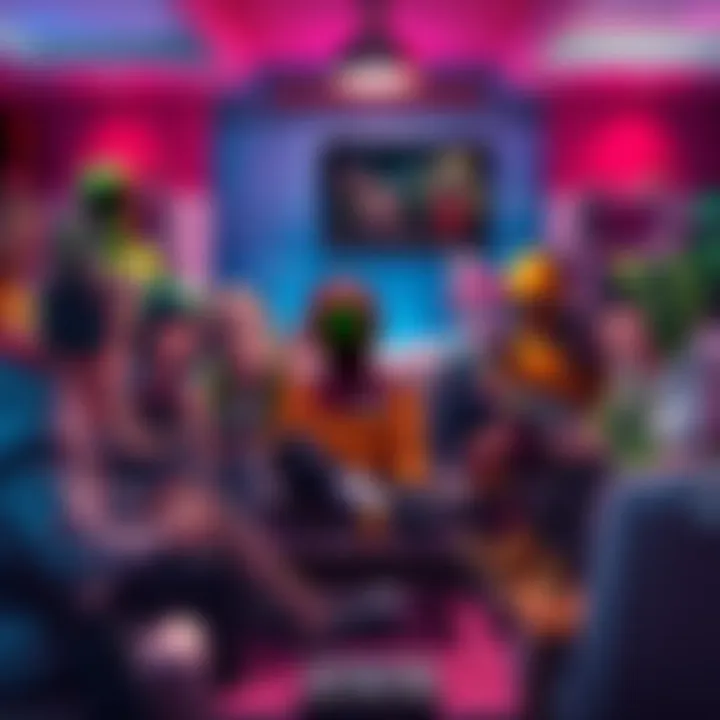 A group of diverse characters from different video games enjoying a relaxed gaming session in a cozy environment, showcasing their unique abilities and playful interactions.