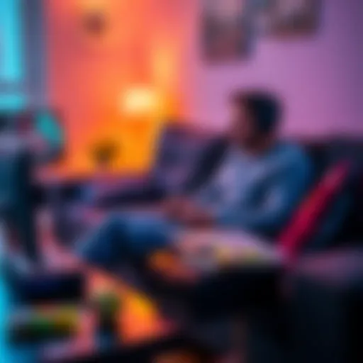 A father relaxing while playing a single-player video game on a couch, with a gaming console and snacks nearby.
