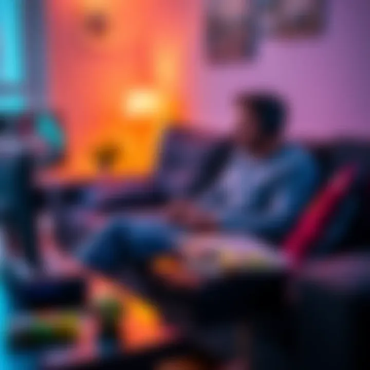 A father relaxing while playing a single-player video game on a couch, with a gaming console and snacks nearby.