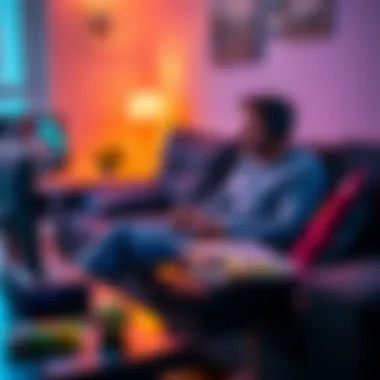 Casual Gaming Setup A father relaxing while playing a single-player video game on a couch, with a gaming console and snacks nearby.