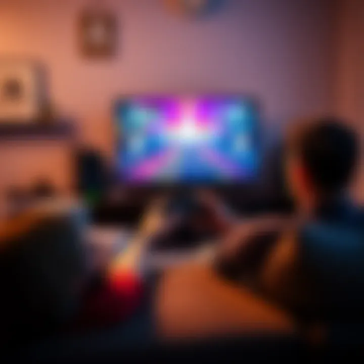 A person sitting on a couch, holding a game controller, focused on a TV displaying a colorful game scene.