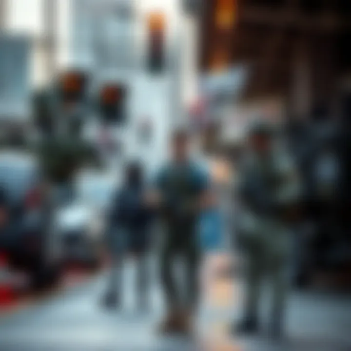 A street patrol in casual attire stands next to high-tech military equipment in a control point, highlighting the contrast between their clothing and the advanced technology around them.