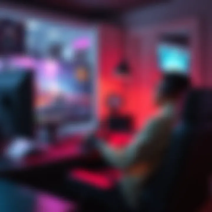 A relaxed gamer sitting at a desk, playing a tactical shooter game on a computer with an adjustable HUD, showing various game settings on the screen.