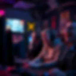 A group of casual players looking frustrated while playing a horror game, struggling against experienced opponents in a dimly lit room filled with gaming equipment.
