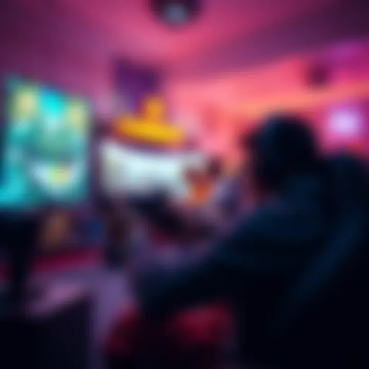 A gamer enjoying a casual PvP shooter game on a console, with friends in the background and a lively gaming environment.