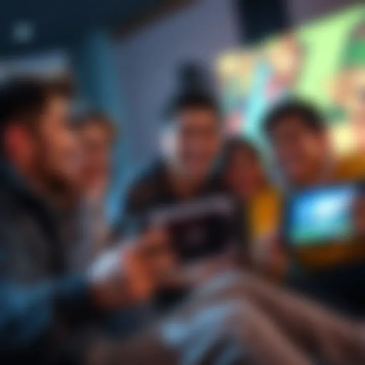 A group of friends playing an RPG on a console, smiling and enjoying their gaming experience together.