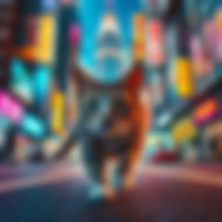Cat exploring urban environment A cat roaming through a vibrant city with colorful lights and detailed buildings, evoking thoughts of adventure and curiosity.