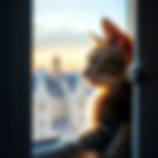 A curious cat looking longingly outside a window, eager for adventure.