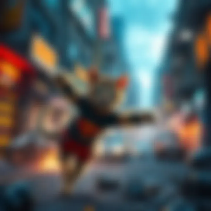 A cat character unleashes its ultimate ability in a chaotic urban environment filled with obstacles and enemies