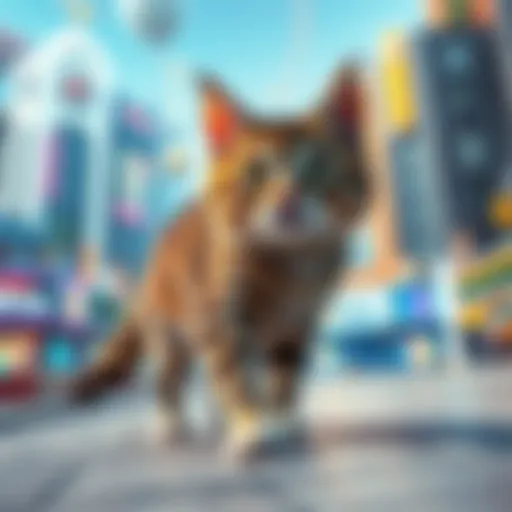 A cat walking through a colorful futuristic cityscape, showcasing playful exploration