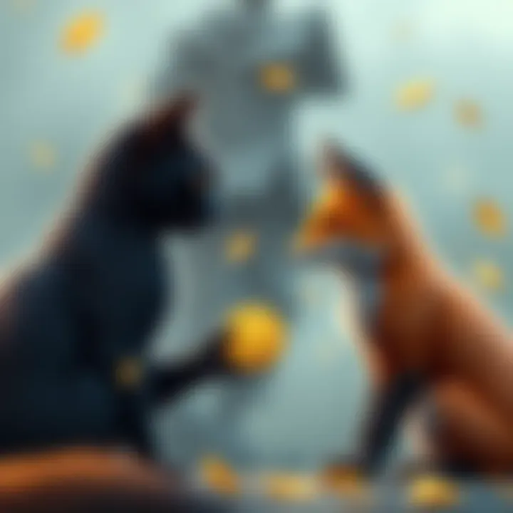 A character stands between a black cat and a fox, contemplating choices about a gold coin.