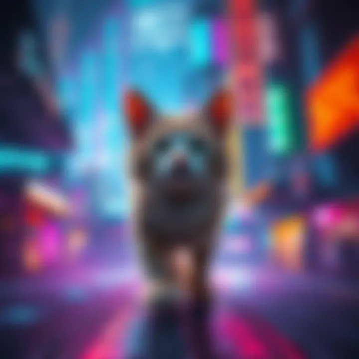 A cat exploring a vibrant, neon-lit cityscape filled with futuristic elements and emotional moments
