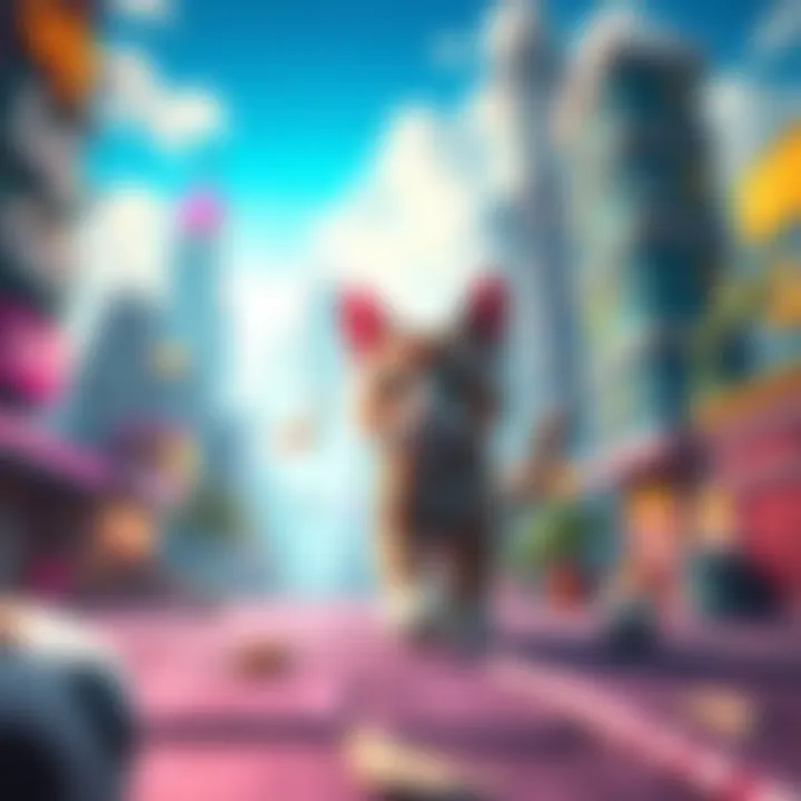 A playful cat character exploring a vibrant cityscape in a video game setting, surrounded by other cat game elements.