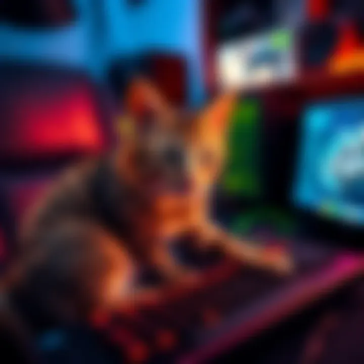 A playful cat sitting on a gaming keyboard, blocking the screen while its owner tries to play a video game.