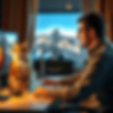 Cat and Graphics Card Comparison A person sitting at a desk with a cat on one side and a graphics card on the other, looking thoughtful.