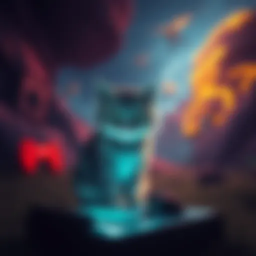 A cat sitting in a digital landscape, looking concerned with a glowing game interface around it.