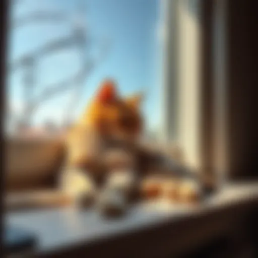 A comfortable domestic cat relaxing on a sunny windowsill, looking out at the outside world.