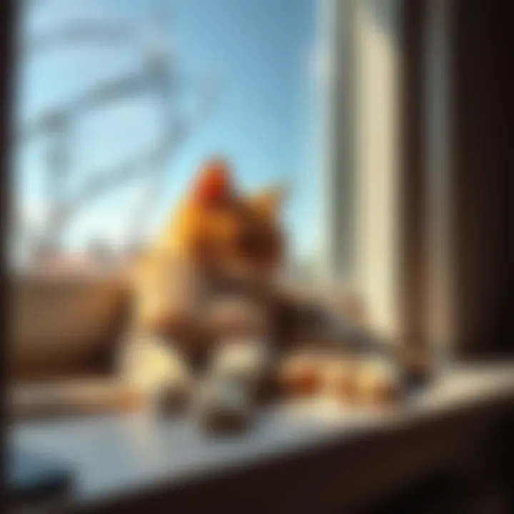 A comfortable domestic cat relaxing on a sunny windowsill, looking out at the outside world.