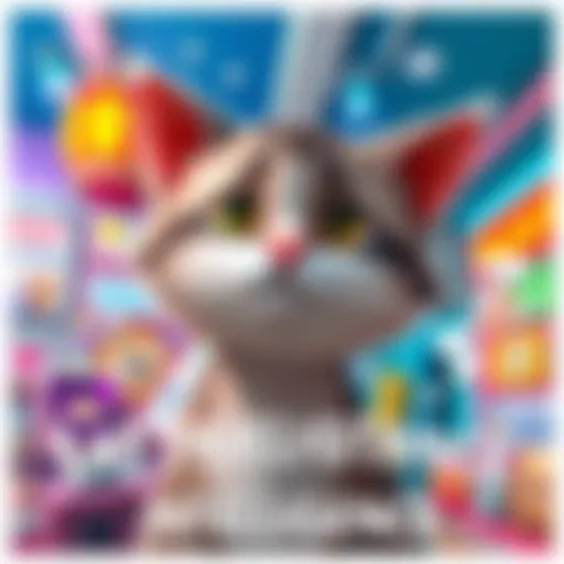 A cartoon cat with a confused expression, surrounded by nonsensical text in a colorful game environment