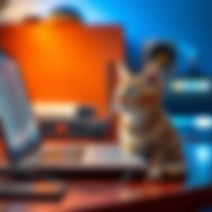 A playful cat sitting next to a laptop on a desk, looking curiously at the screen.