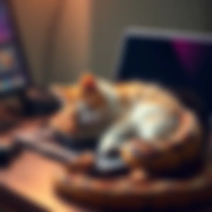 A cat comfortably lounging on a laptop keyboard, with a boa constrictor nearby, creating an unusual scene.