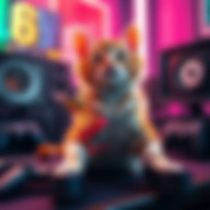 A playful cat on a gaming setup, surrounded by consoles and controllers, as if it just won a gaming award.