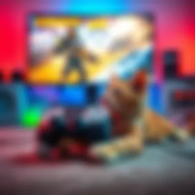 A playful cat sits next to a gaming controller while someone plays Overwatch on a screen in the background.