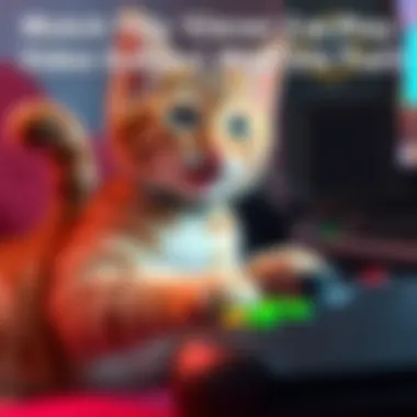 A playful cat using its tail to interact with a video game controller, showing excitement and engagement while playing.