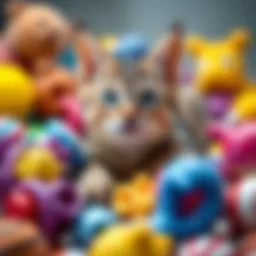 A cat surrounded by colorful toys, looking playful and curious.